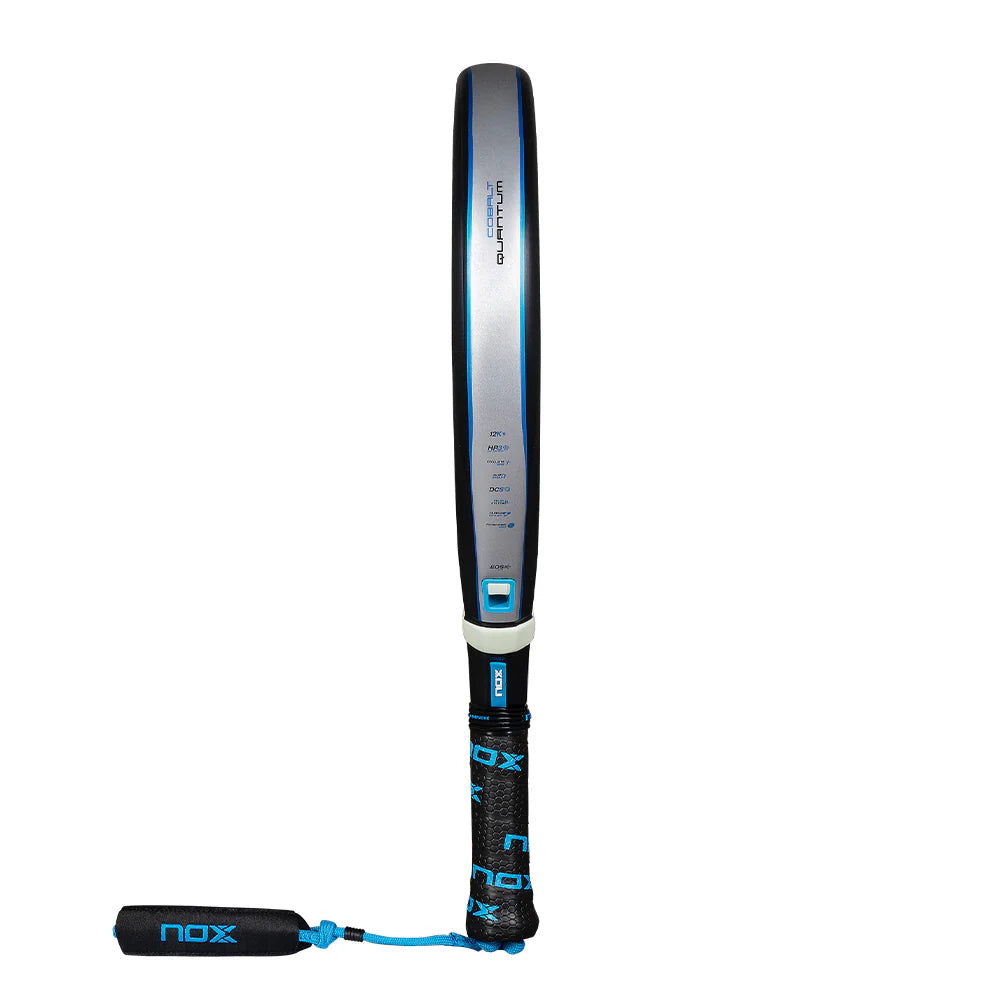 Twin pack of two 2025 Nox Quantum Cobalt 12K padel rackets - side view