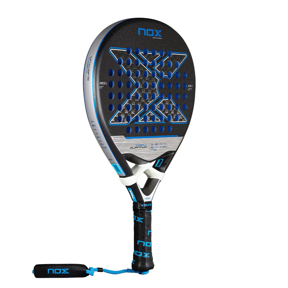 Twin pack of two 2025 Nox Quantum Cobalt 12K padel rackets - angled view