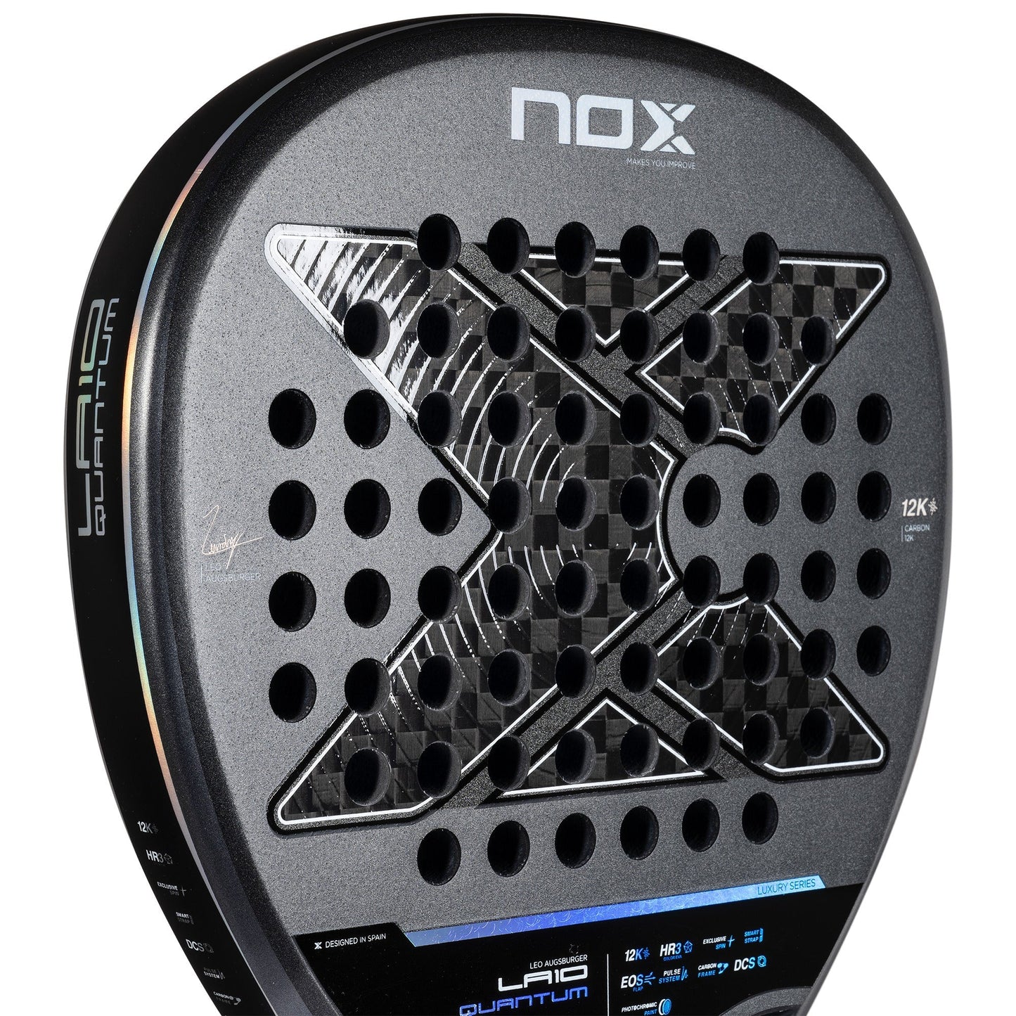 Twin pack of two 2025 Nox Quantum 12K Carbon padel rackets - racket face detail view