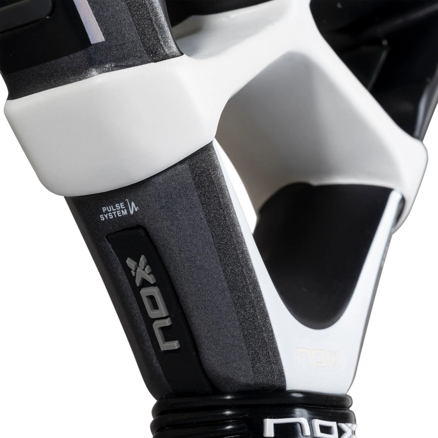 Twin pack of two 2025 Nox Quantum 12K Carbon padel rackets - shaft detail view