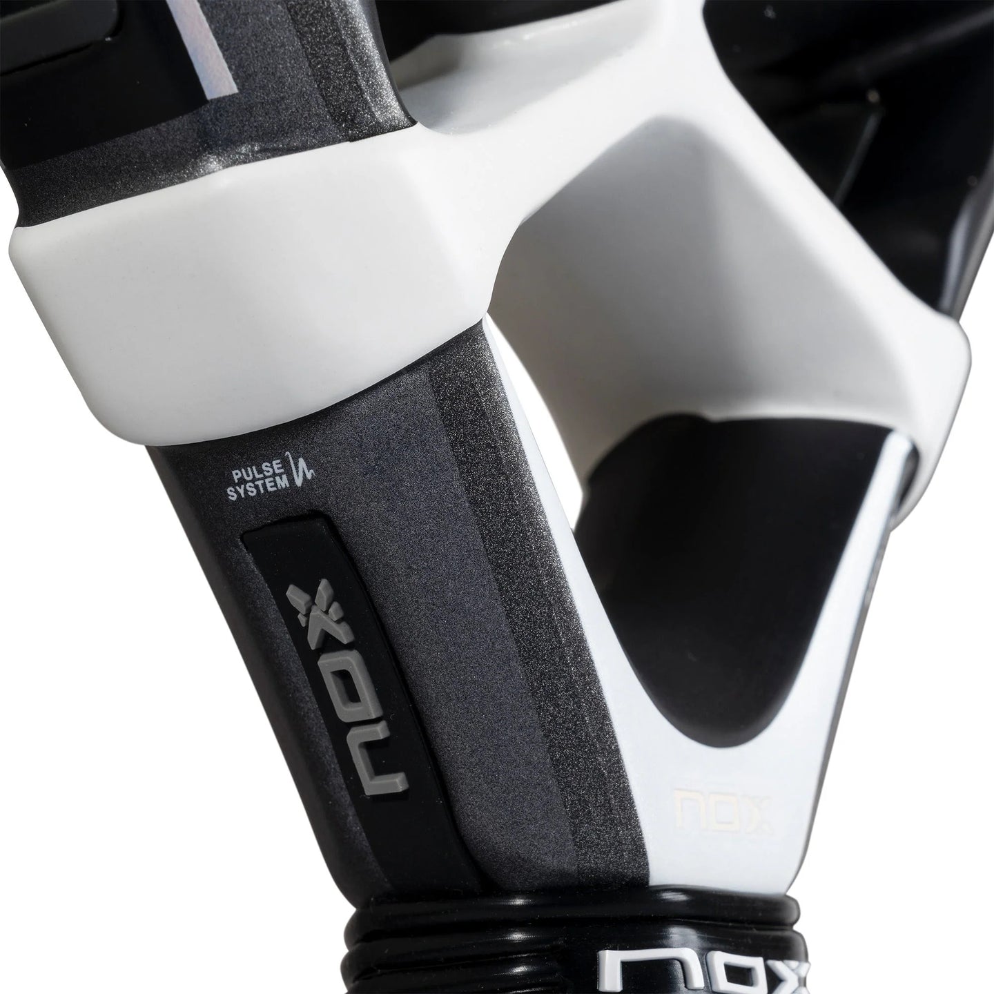 Twin pack of two 2025 Nox Quantum 12K Carbon padel rackets - shaft detail view