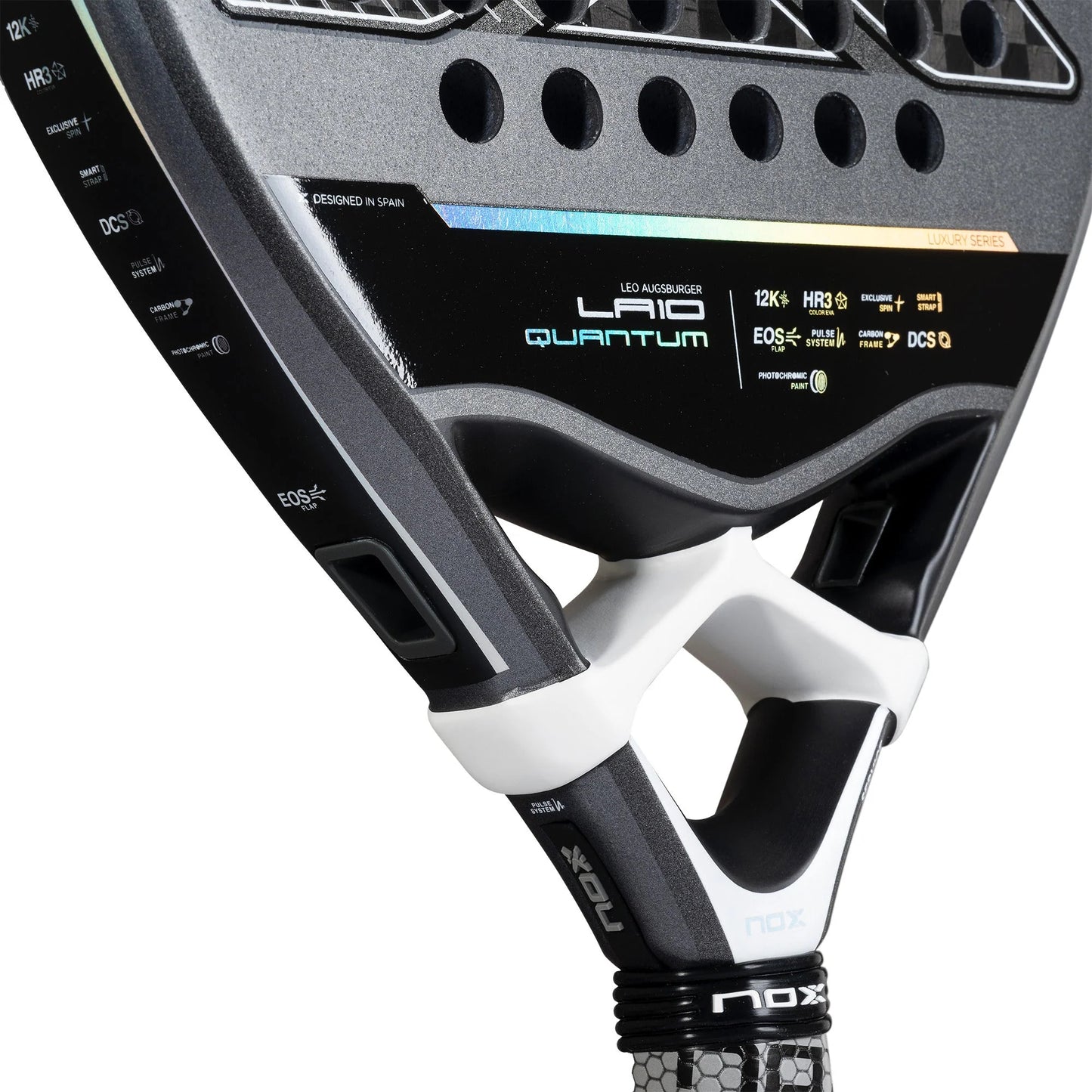 Twin pack of two 2025 Nox Quantum 12K Carbon padel rackets - spec detail view