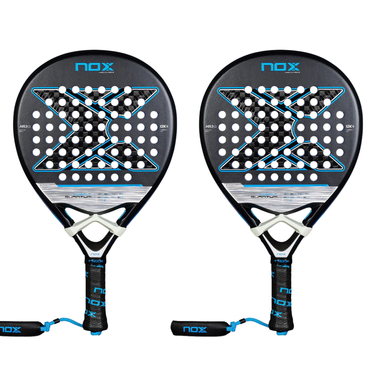 Twin pack of two 2025 Nox Quantum Cobalt 12K padel rackets - front view