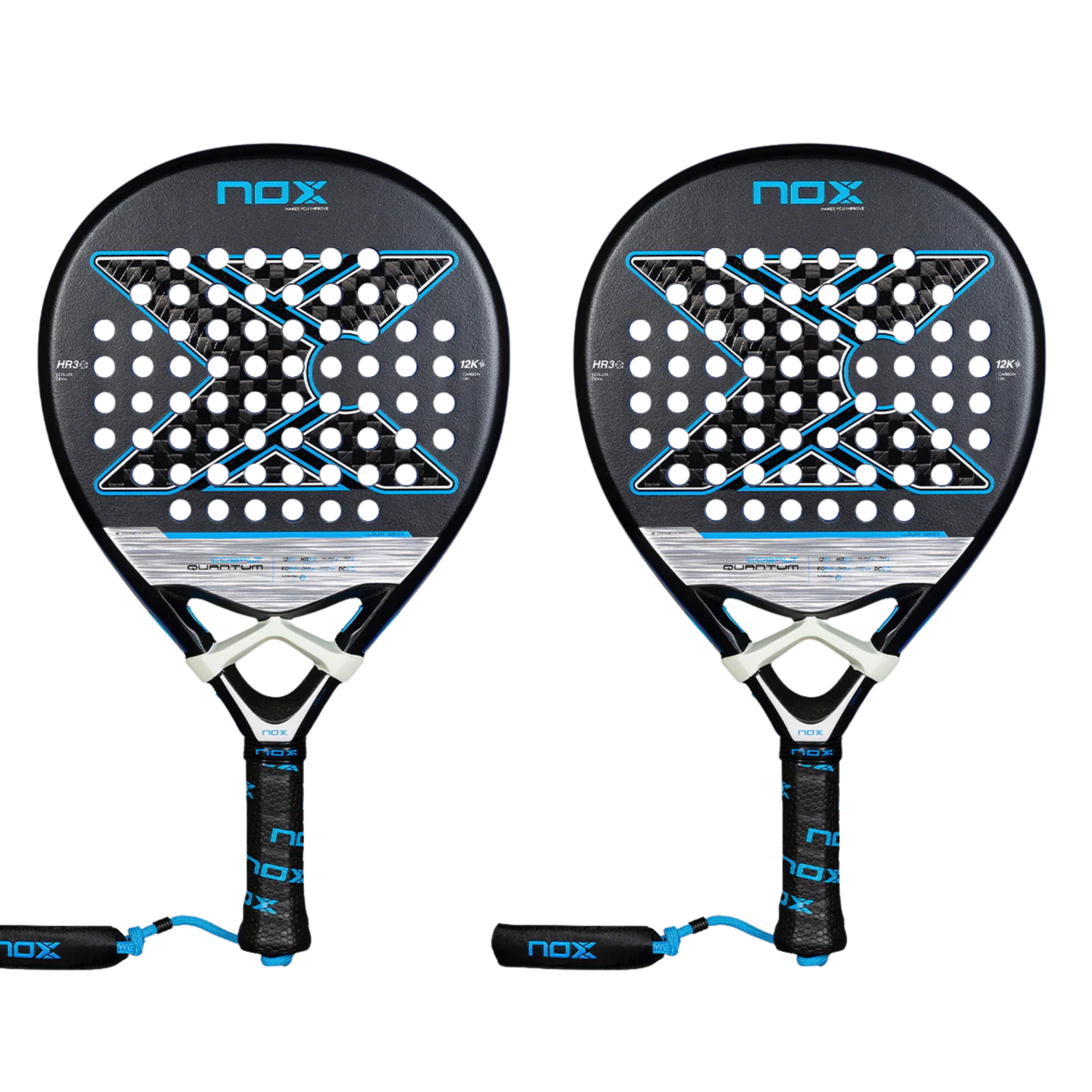Twin pack of two 2025 Nox Quantum Cobalt 12K padel rackets - front view