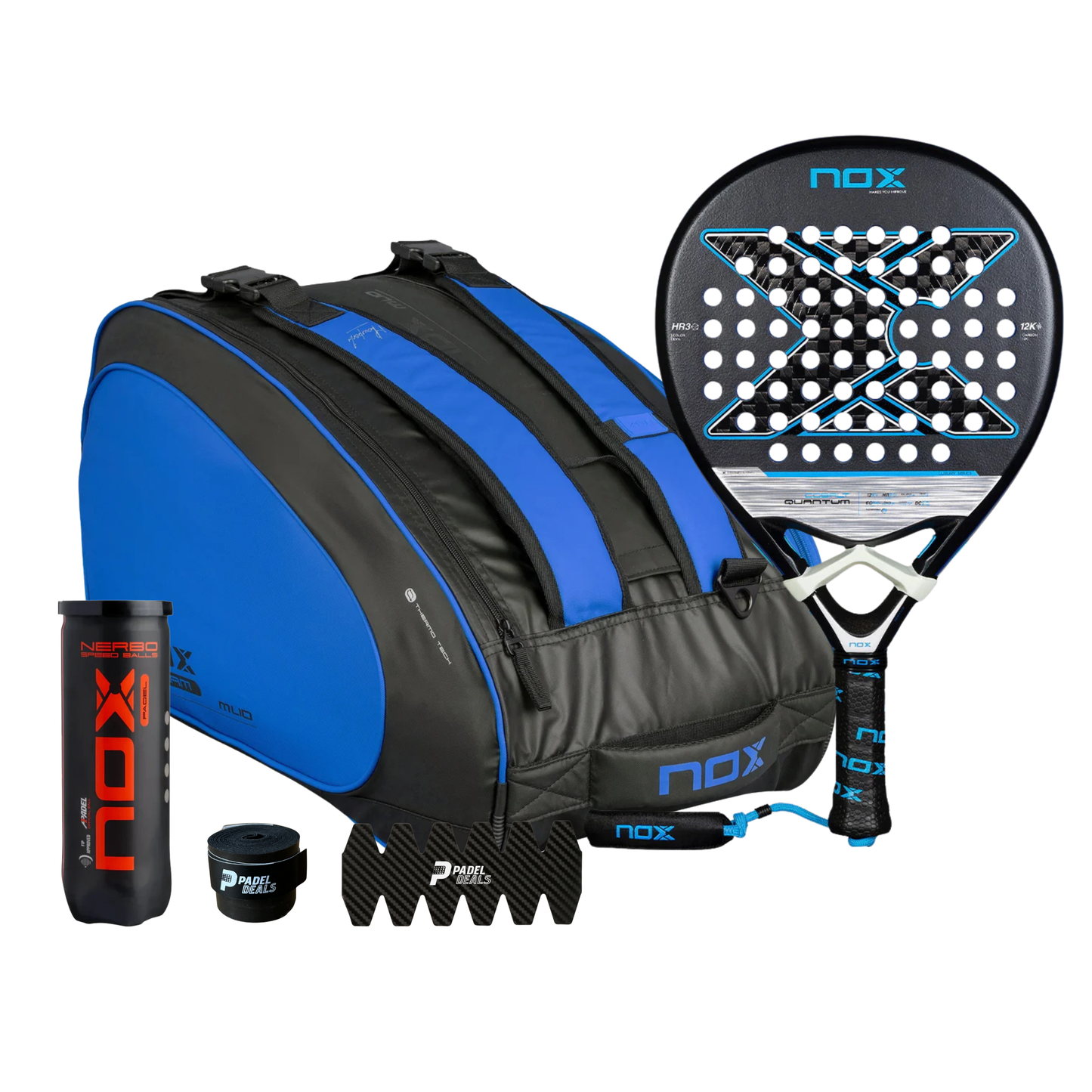 2025 Nox Quantum Cobalt 12K padel racket and bag bundle - front view